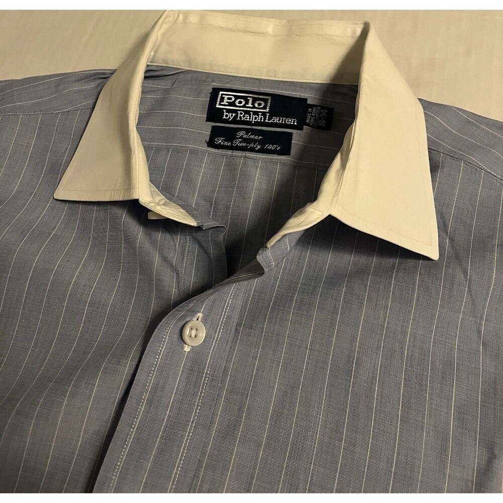 Polo Ralph Lauren Two Ply Cotton Blue Striped White Collar Dress Shirt 16 MED